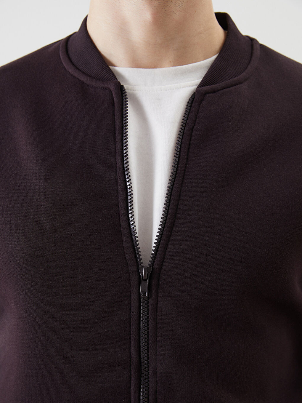 Kahverengi Kolej Yaka Uzun Kollu Erkek Fermuarlı Sweatshirt-2