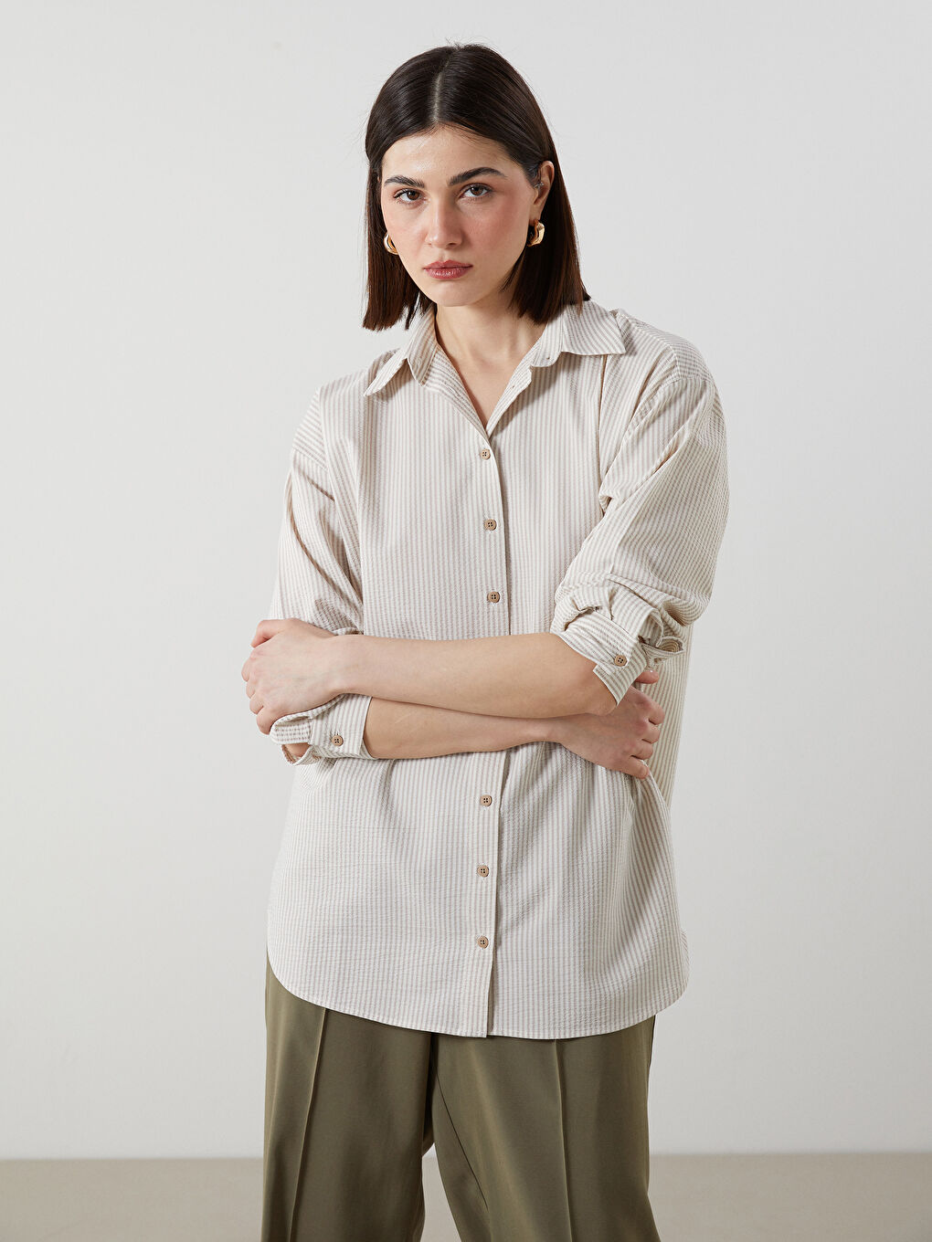 Bej Çizgili Kadın Gömlek Tunik