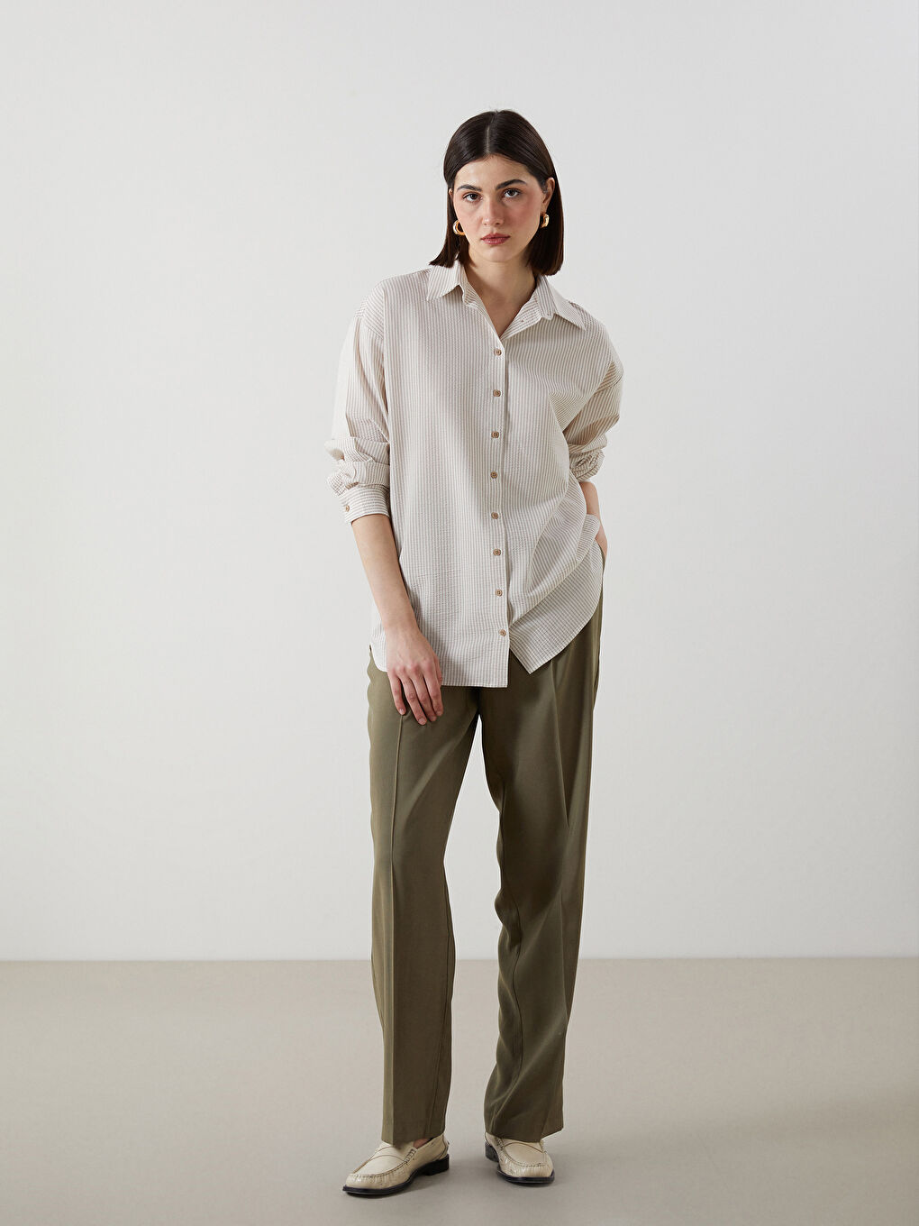 Bej Çizgili Kadın Gömlek Tunik-1