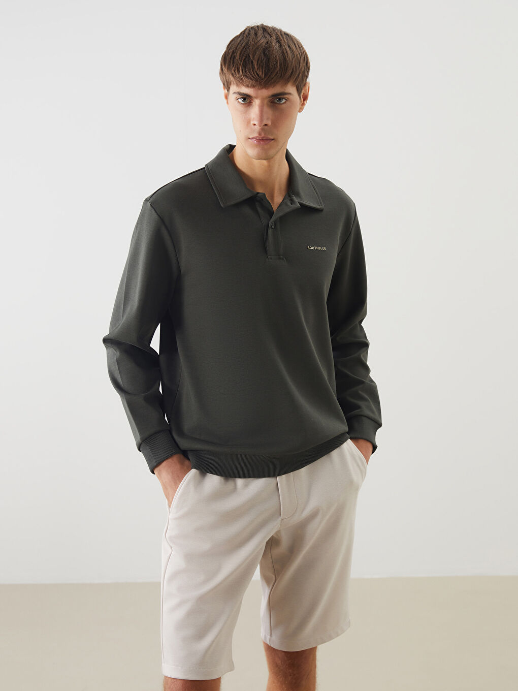 SOUTHBLUE Haki Polo Yaka Erkek Sweatshirt