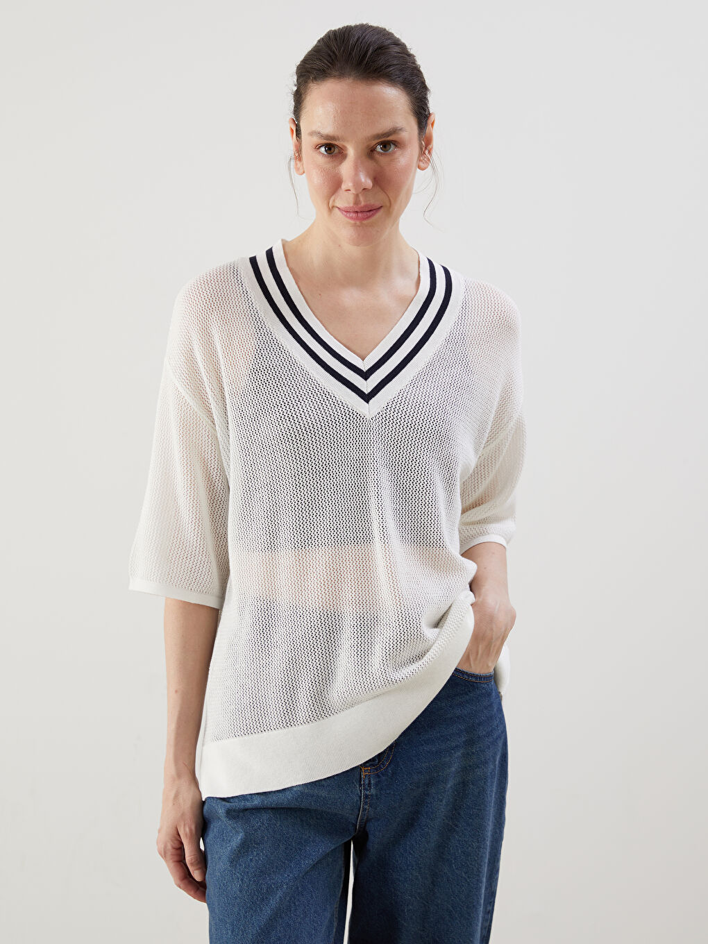 V-Neck Lacy Women’S Knit Sweater -S5MD15Z8-R9J