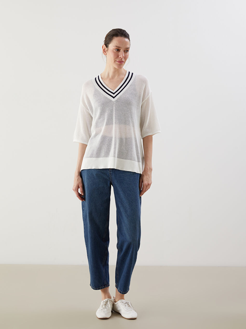 V-Neck Lacy Women’S Knit Sweater -S5MD15Z8-R9J