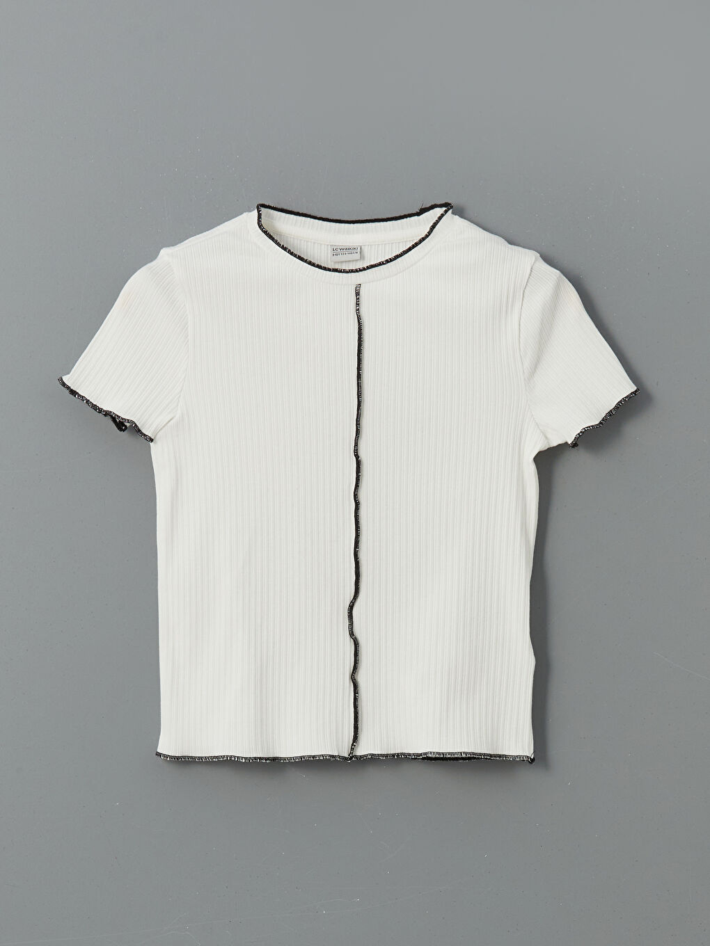 Ekru Bisiklet Yaka Fitilli Kız Çocuk Tişört