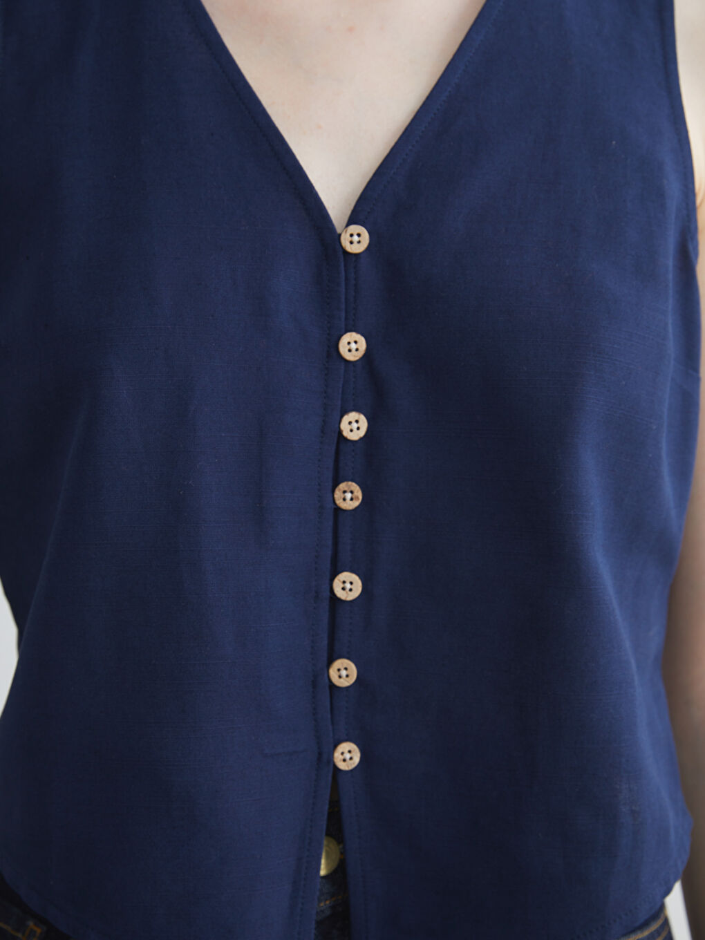 Lacivert V Yaka Keten Karışımlı Kadın Klasik Yelek-2