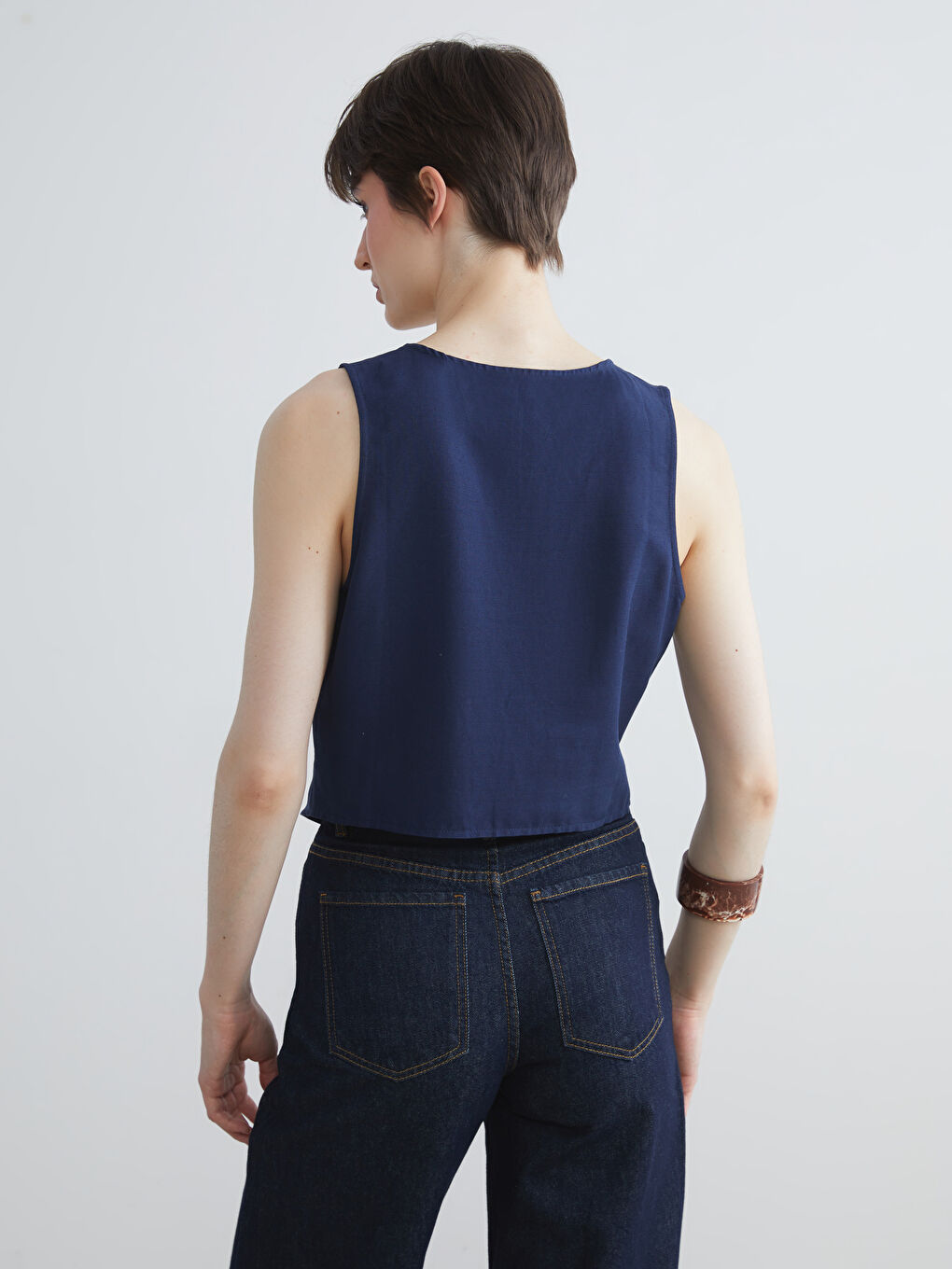 Lacivert V Yaka Keten Karışımlı Kadın Klasik Yelek-3