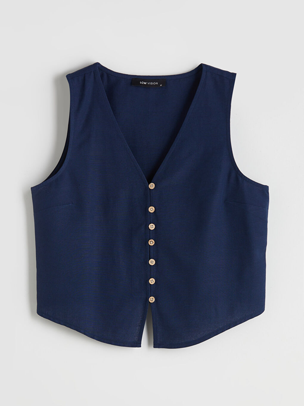 Lacivert V Yaka Keten Karışımlı Kadın Klasik Yelek-4