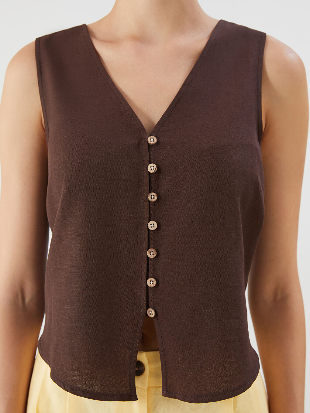 Kahverengi V Yaka Keten Karışımlı Kadın Klasik Yelek-2