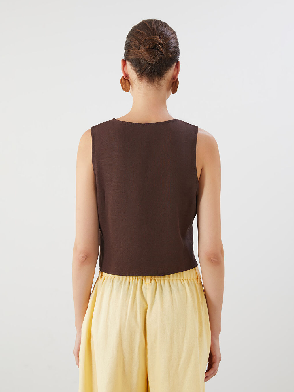 Kahverengi V Yaka Keten Karışımlı Kadın Klasik Yelek-3