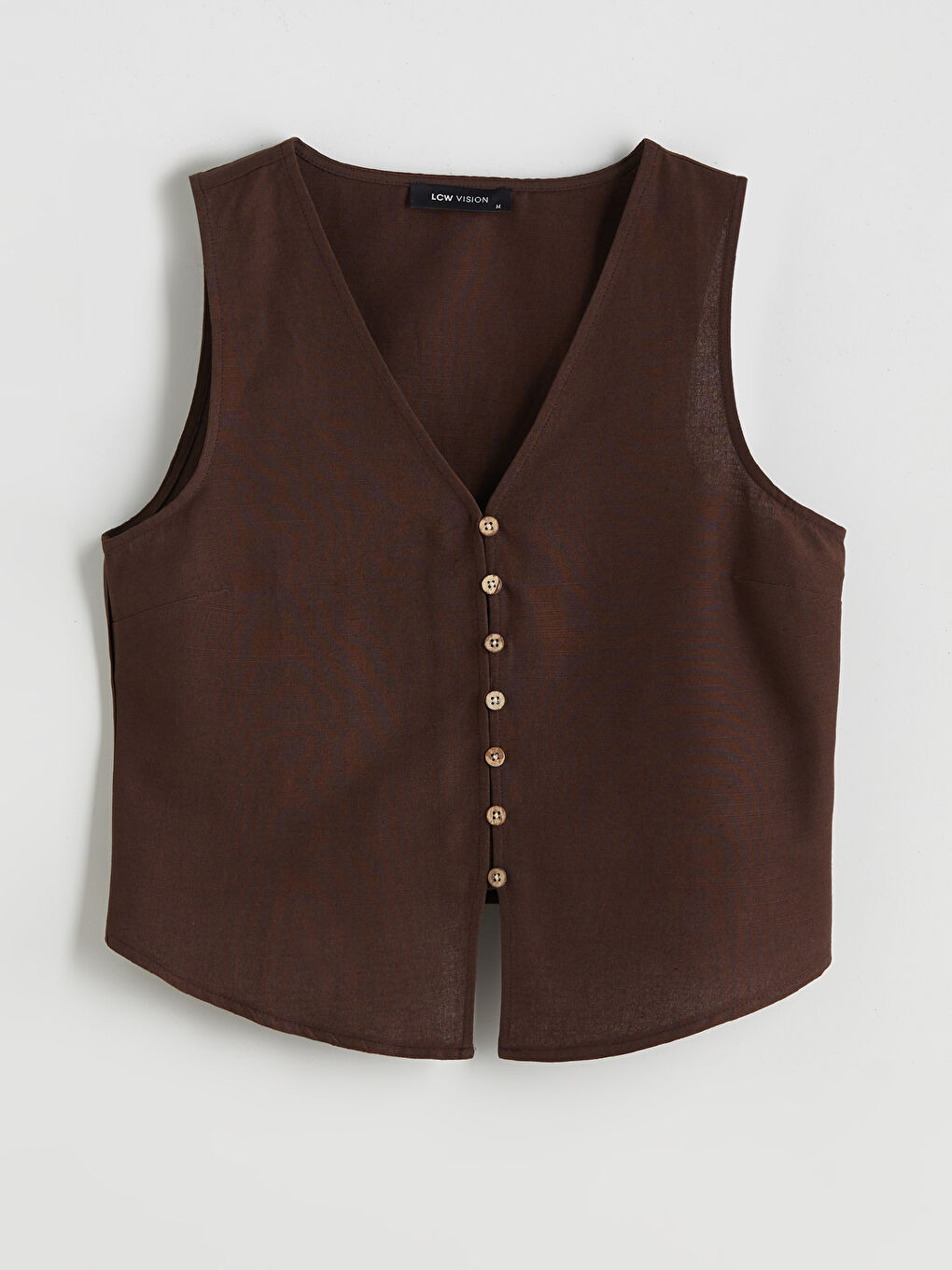 Kahverengi V Yaka Keten Karışımlı Kadın Klasik Yelek-4