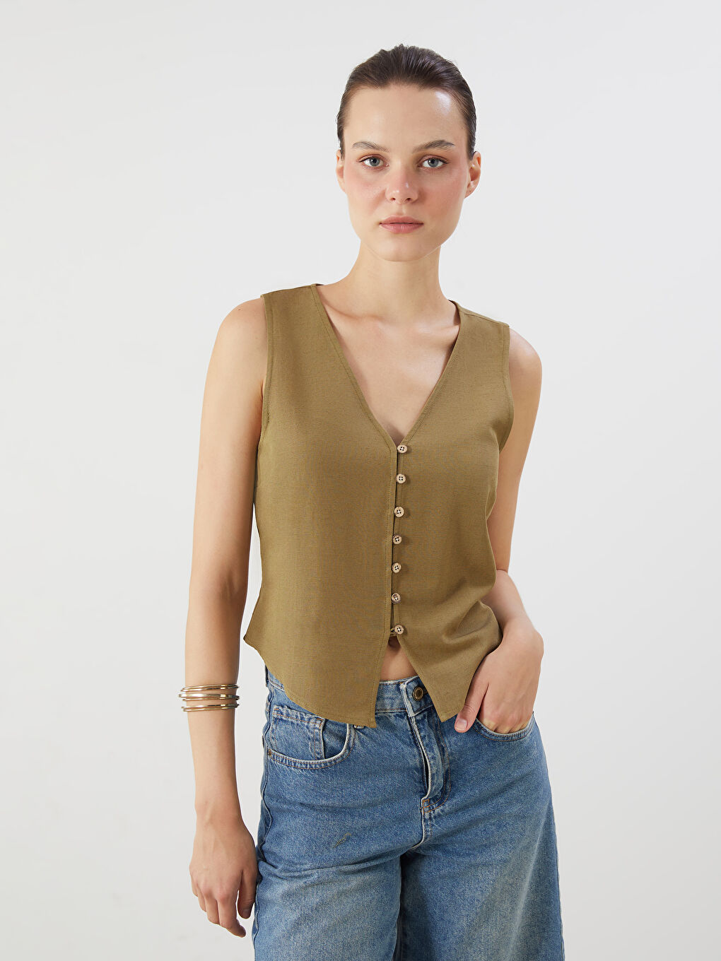 Haki V Yaka Keten Karışımlı Kadın Klasik Yelek