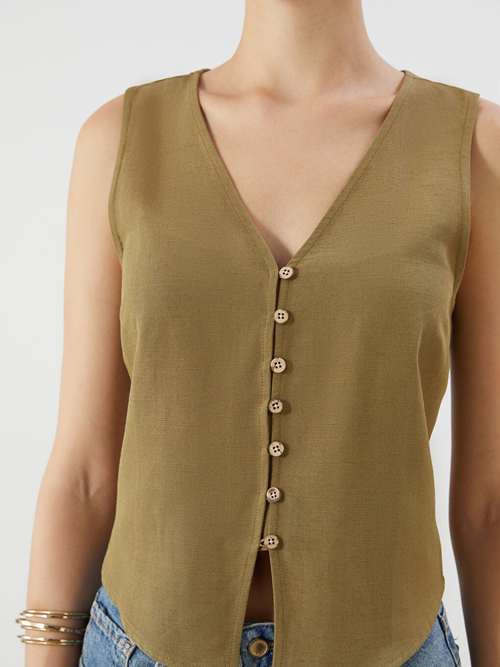 Haki V Yaka Keten Karışımlı Kadın Klasik Yelek-2