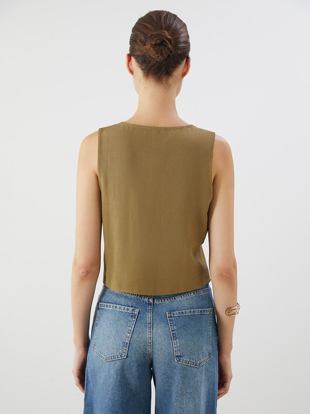 Haki V Yaka Keten Karışımlı Kadın Klasik Yelek-3