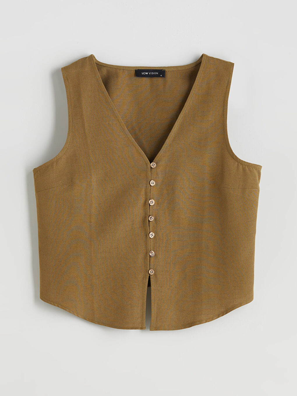 Haki V Yaka Keten Karışımlı Kadın Klasik Yelek-4