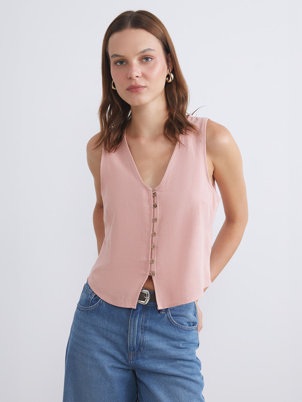 Pembe V Yaka Keten Karışımlı Kadın Klasik Yelek
