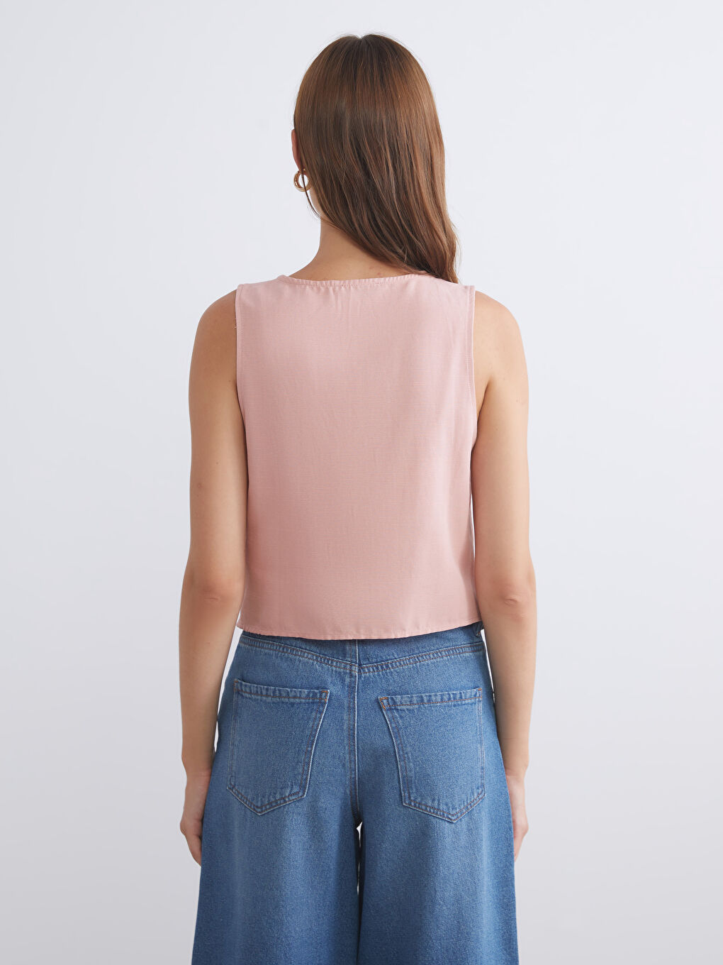 Pembe V Yaka Keten Karışımlı Kadın Klasik Yelek-3