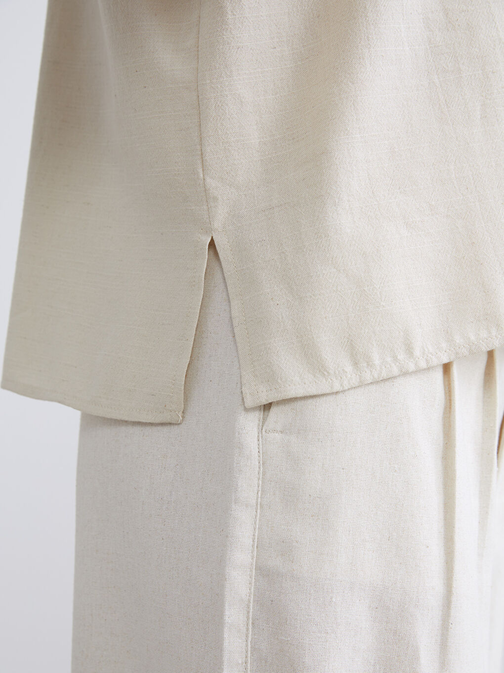 Bej Keten Karışımlı Kadın Gömlek-3