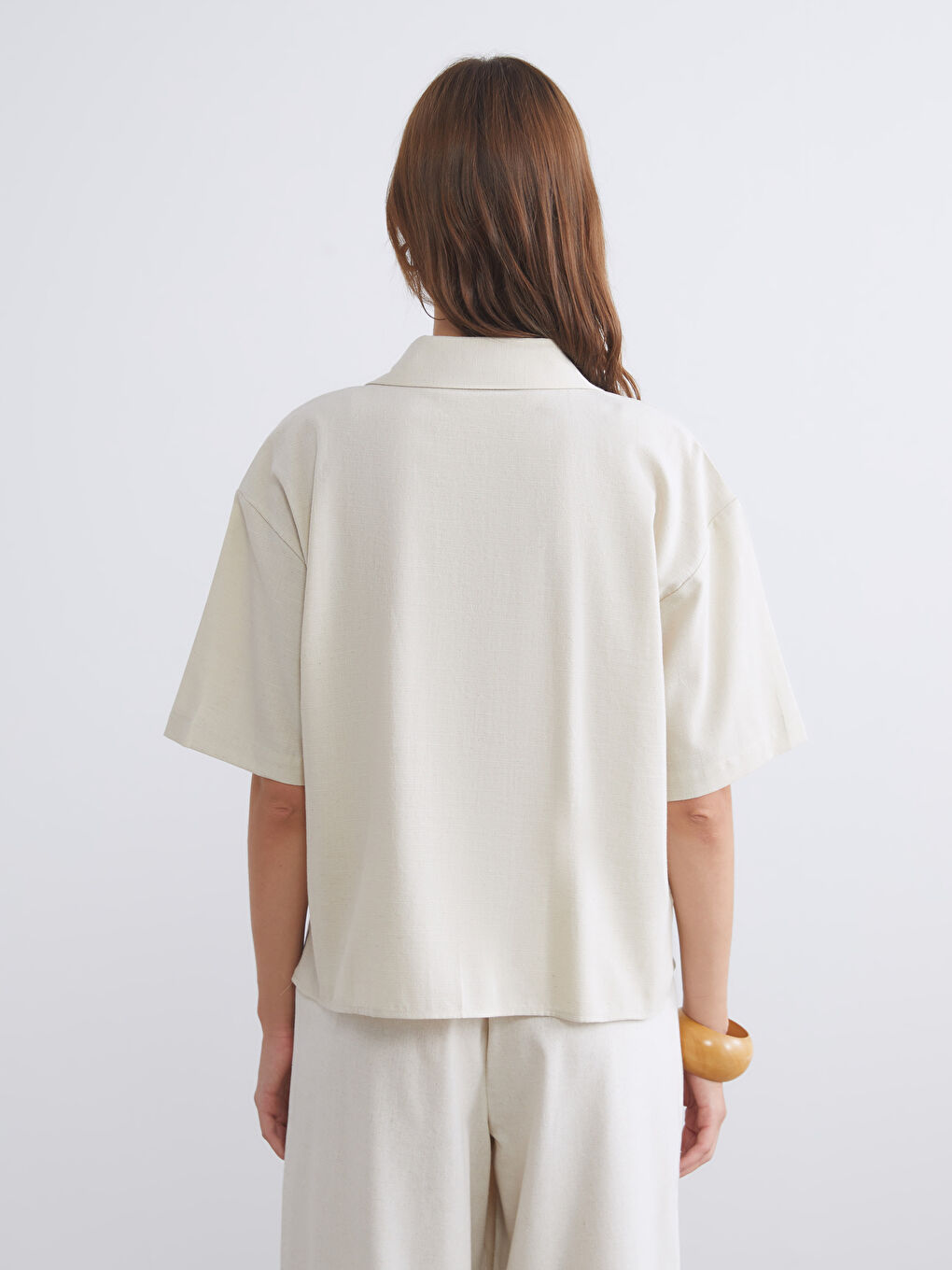 Bej Keten Karışımlı Kadın Gömlek-4