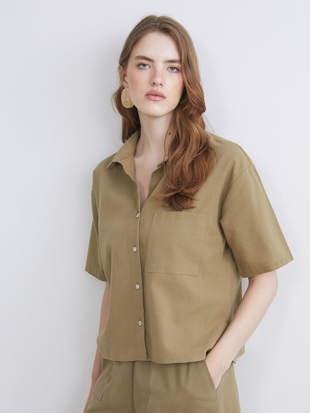 Haki Keten Karışımlı Kadın Gömlek