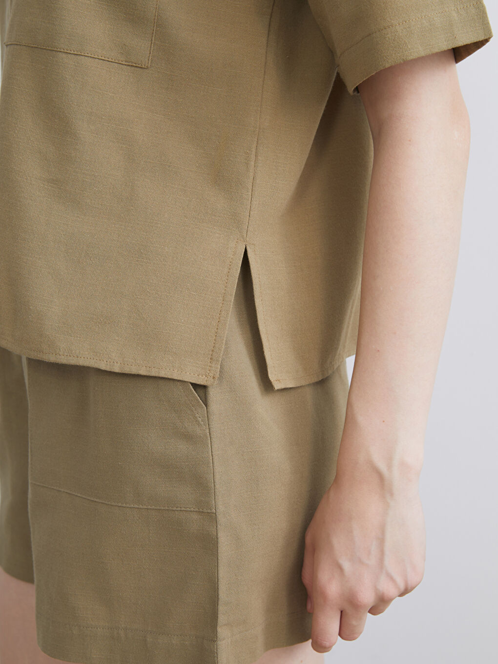 Haki Keten Karışımlı Kadın Gömlek-2