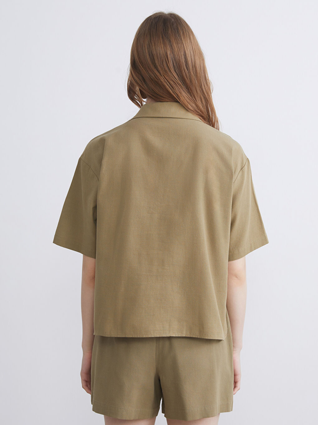 Haki Keten Karışımlı Kadın Gömlek-3