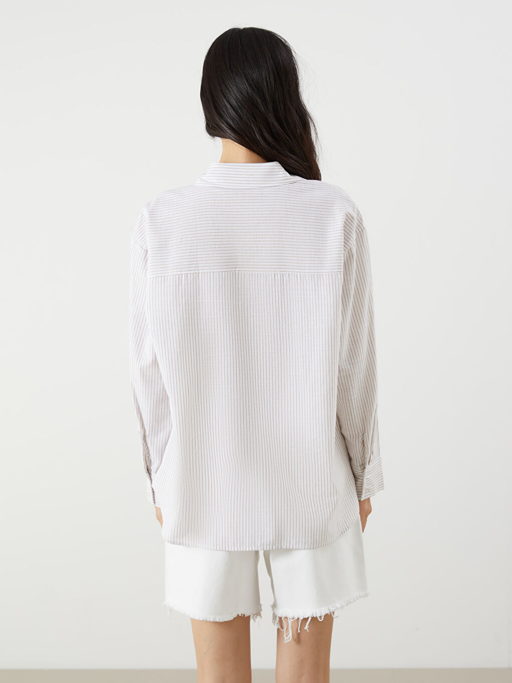 Bej Çizgili Oversize Kadın Gömlek-3