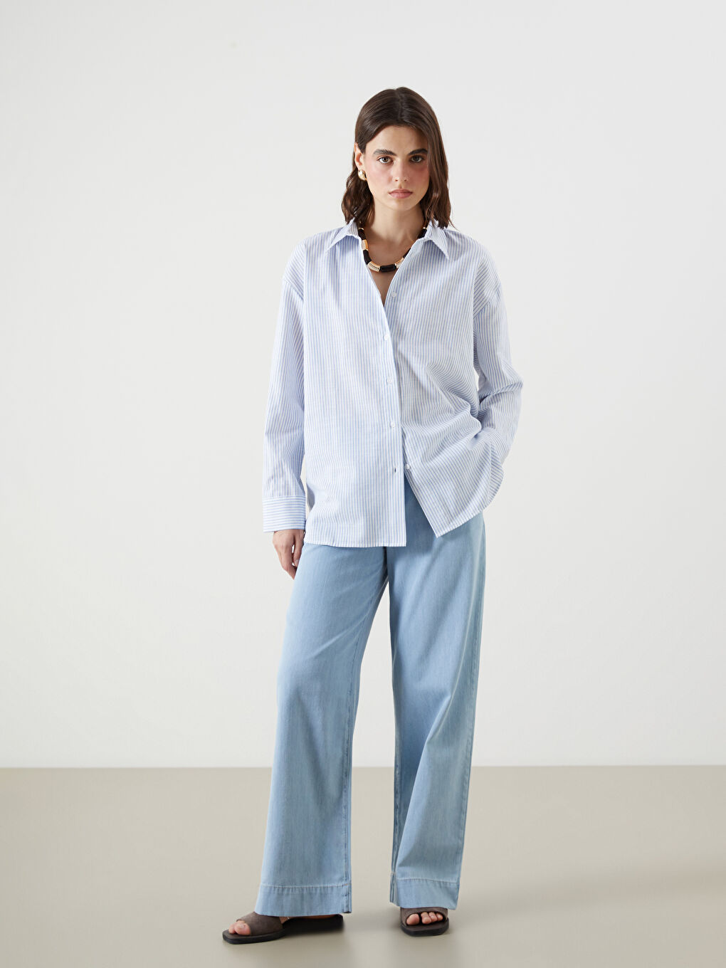 Mavi Çizgili Oversize Kadın Gömlek-1