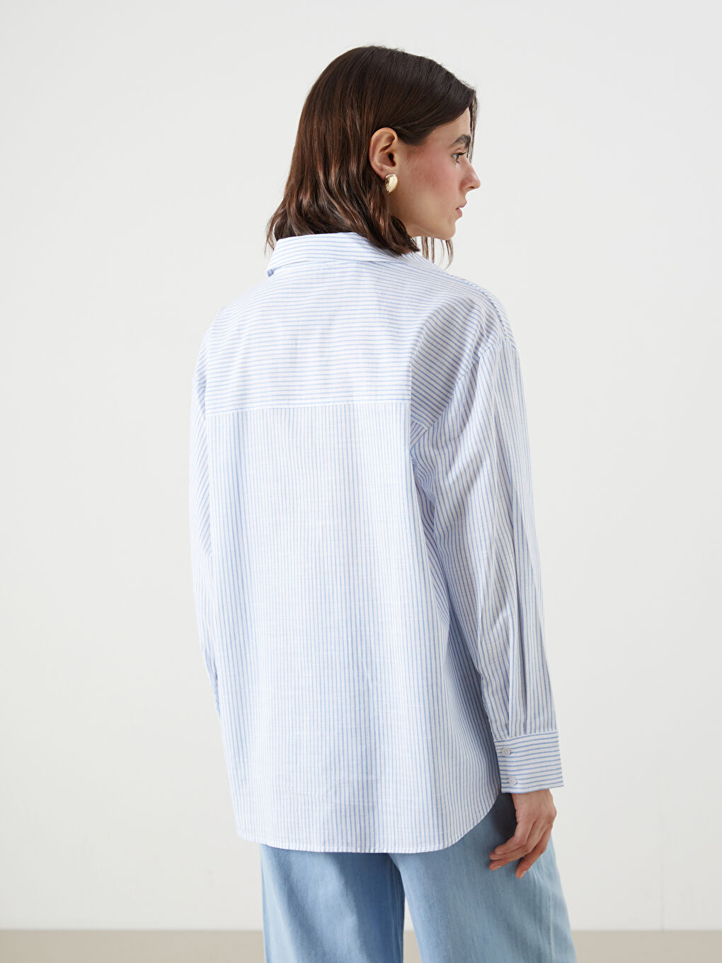 Mavi Çizgili Oversize Kadın Gömlek-3