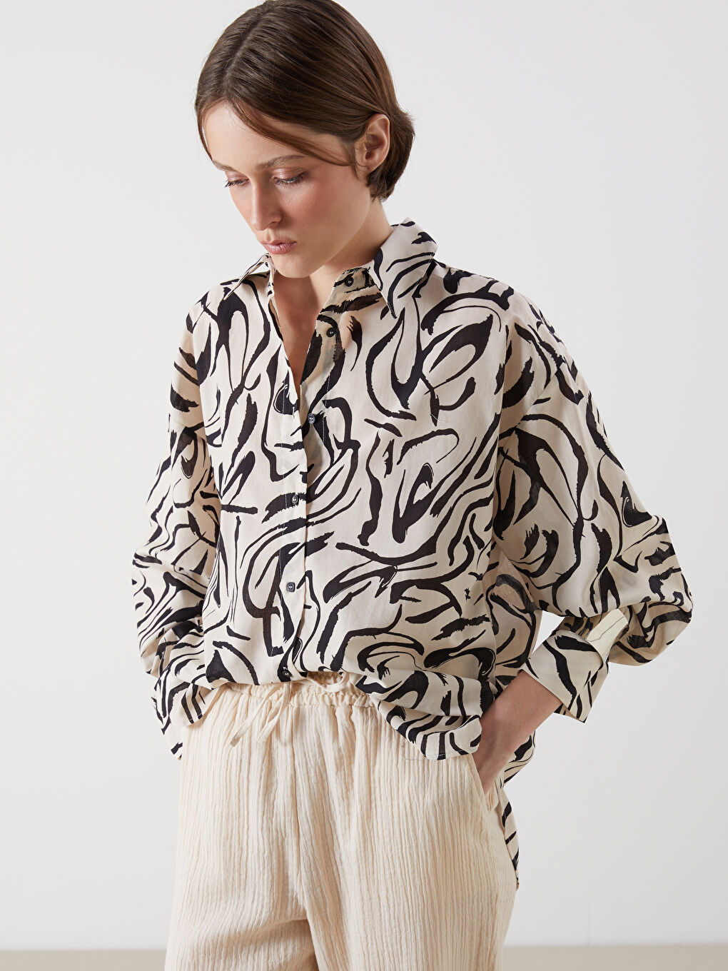LCW Vision Patterned Oversize Women's Shirt -S5MD99Z8-LQJ