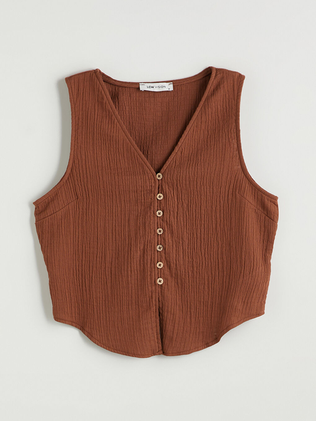 Kahverengi V Yaka Dokulu Müslin Bluz-4