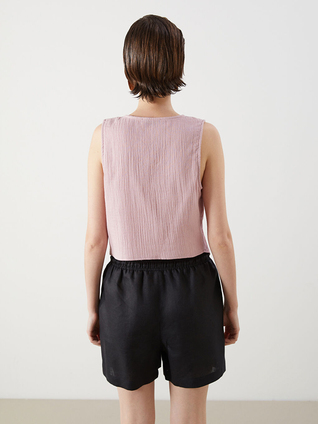 Pembe V Yaka Dokulu Müslin Bluz-3