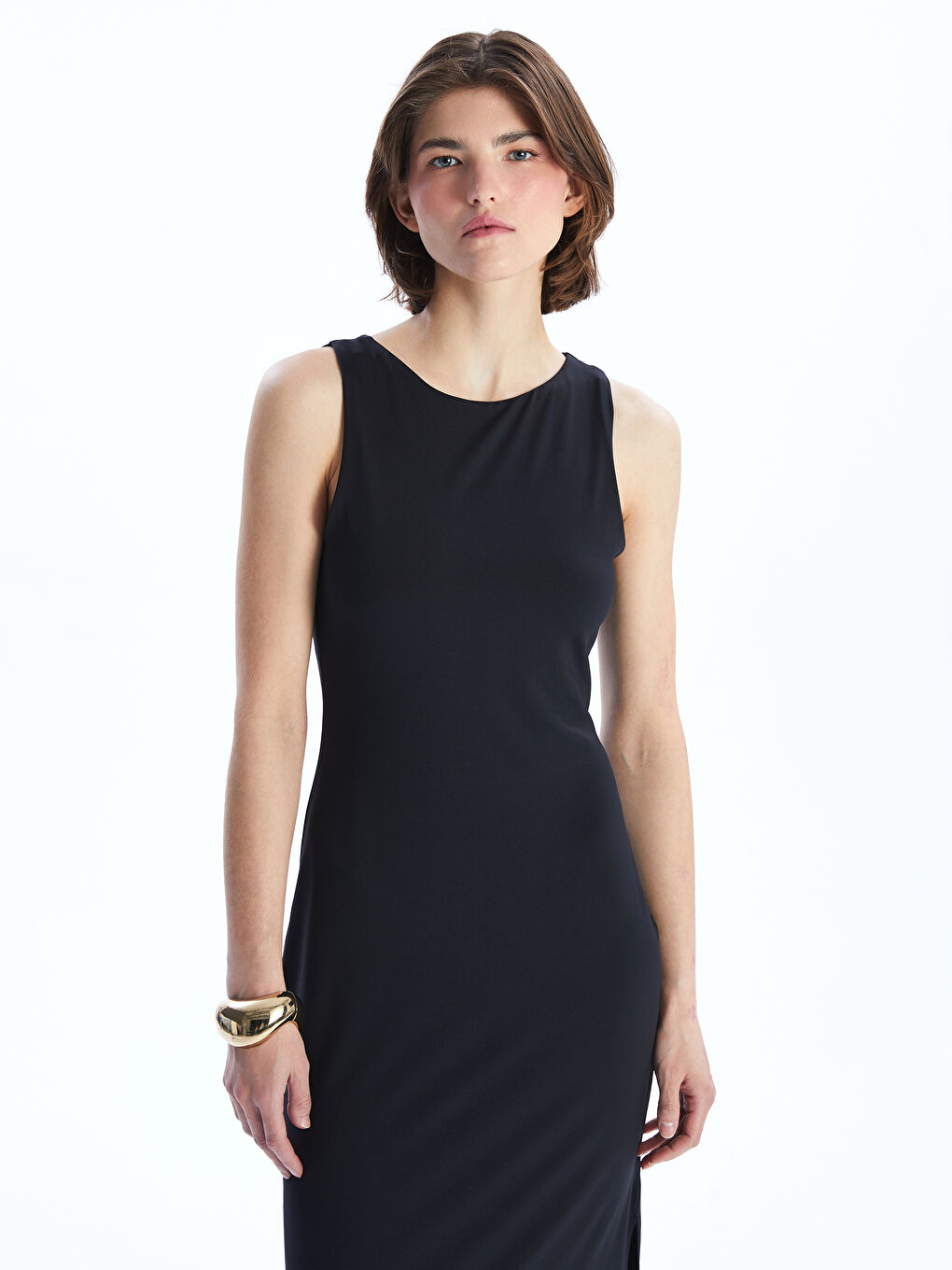 Siyah Bisiklet Yaka Krep Elbise-1