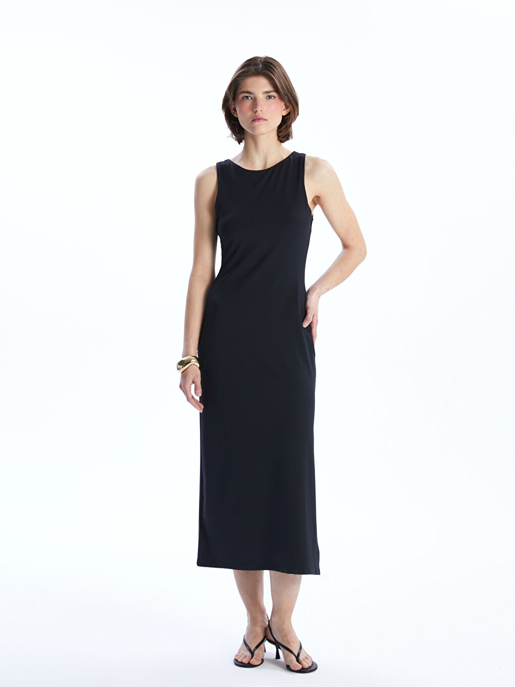 Siyah Bisiklet Yaka Krep Elbise