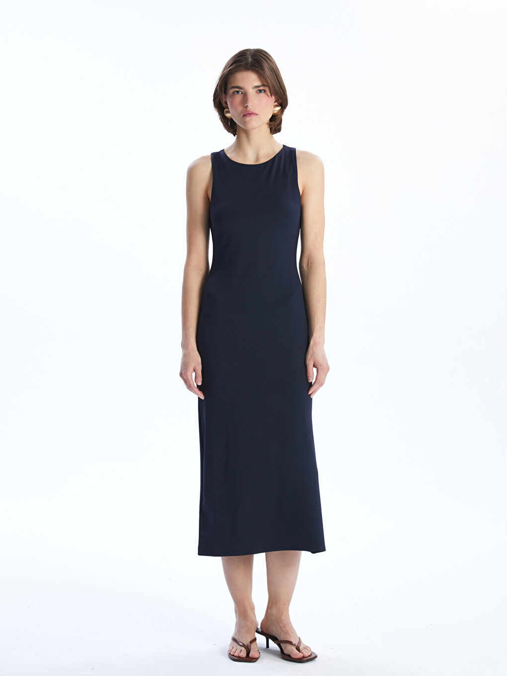 Lacivert Bisiklet Yaka Krep Elbise-1