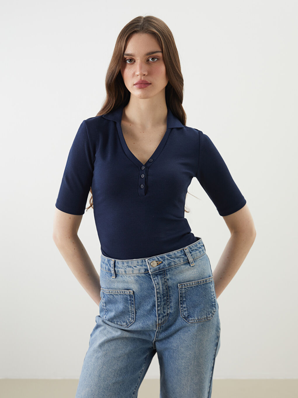 Lacivert Polo Yaka Dokulu Kadın Body