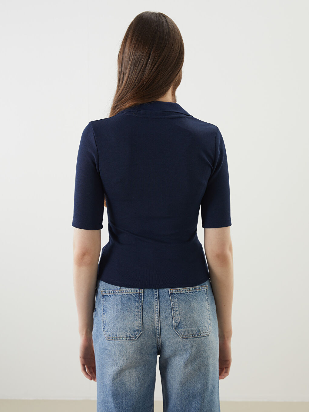 Lacivert Polo Yaka Dokulu Kadın Body-3