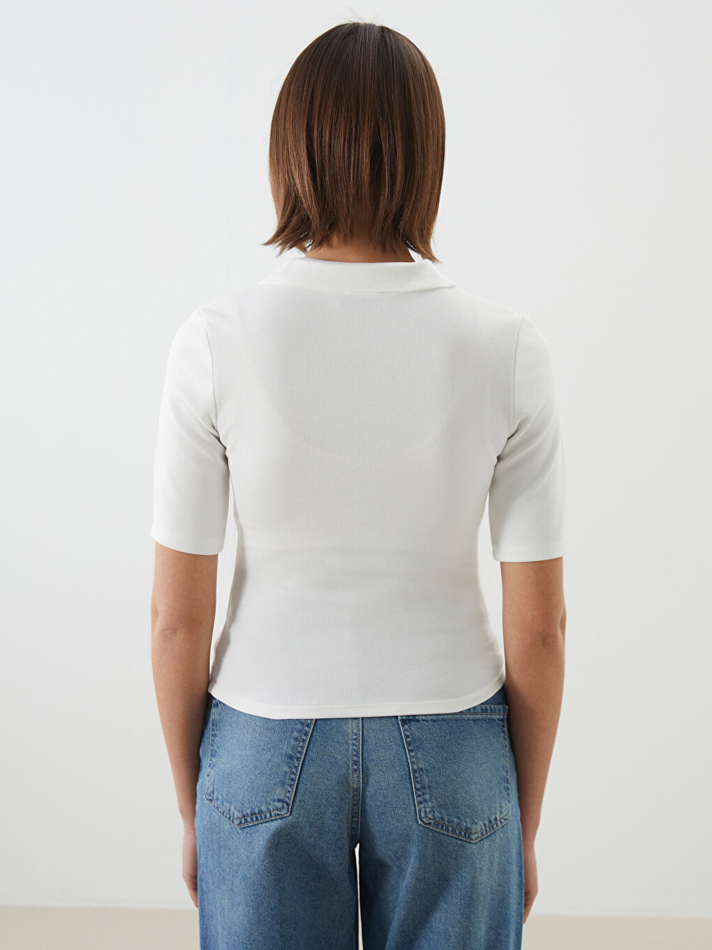 Ekru Polo Yaka Dokulu Kadın Body-3