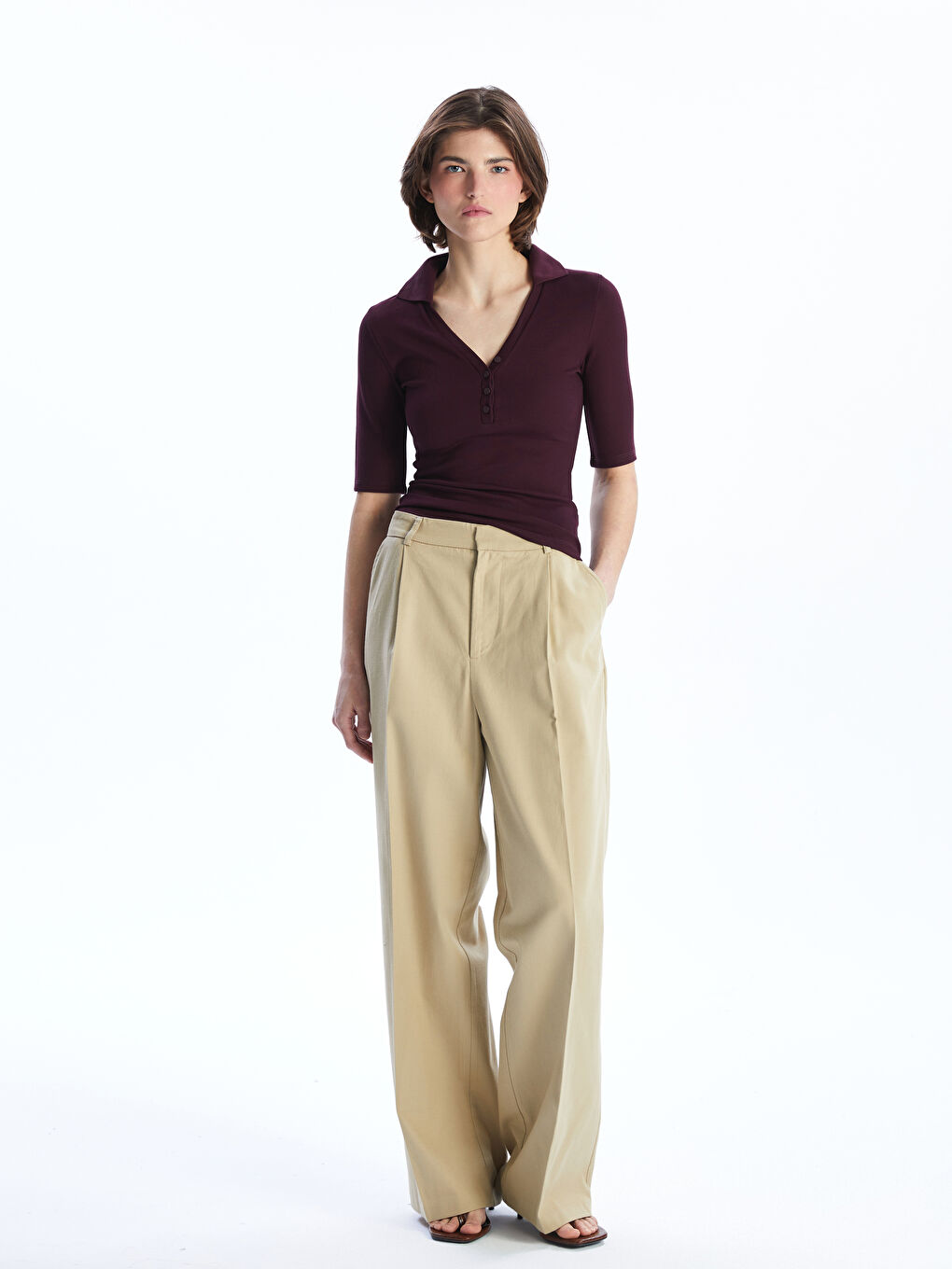 Bordo Polo Yaka Dokulu Kadın Body-1