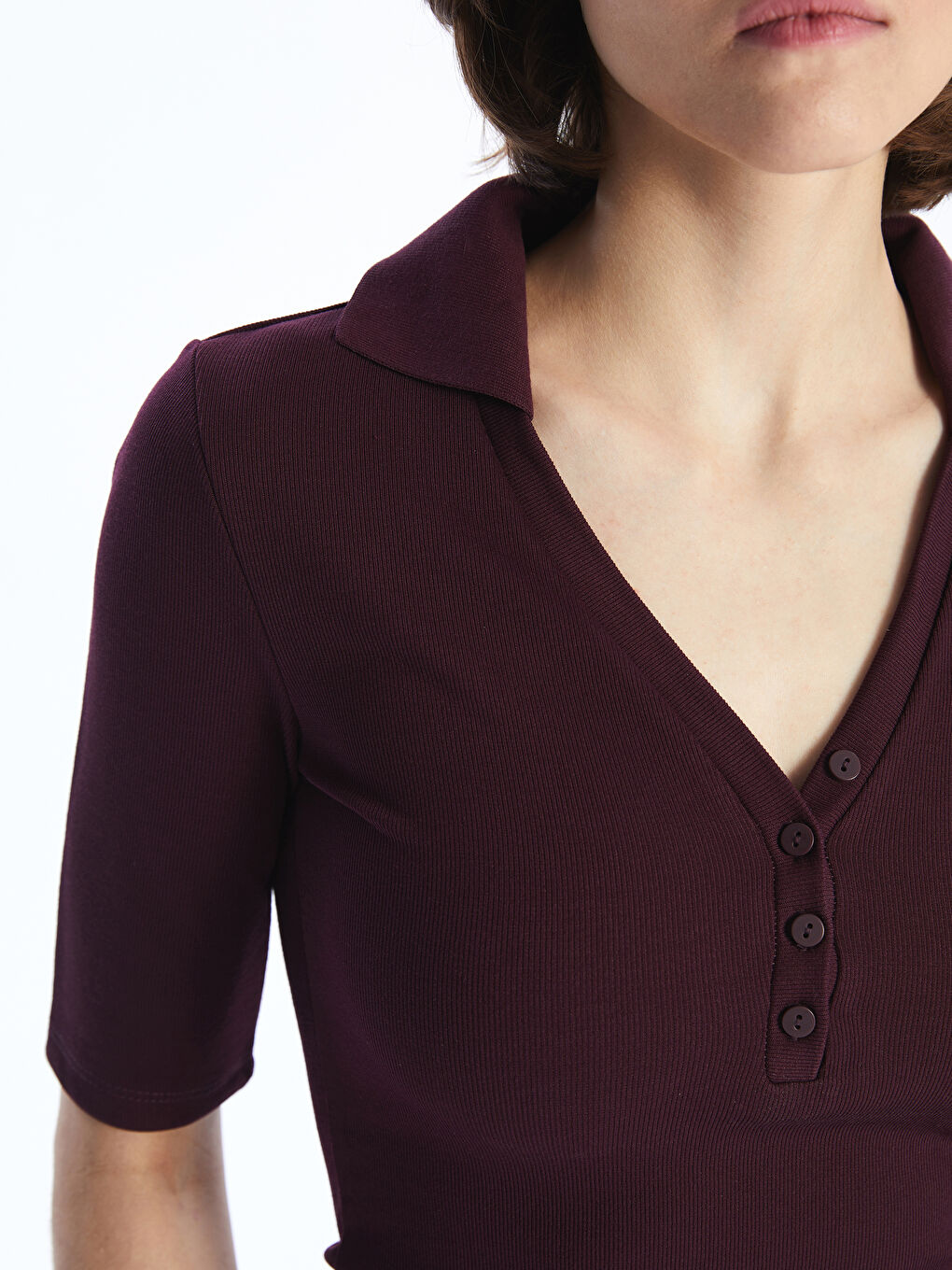 Bordo Polo Yaka Dokulu Kadın Body-2