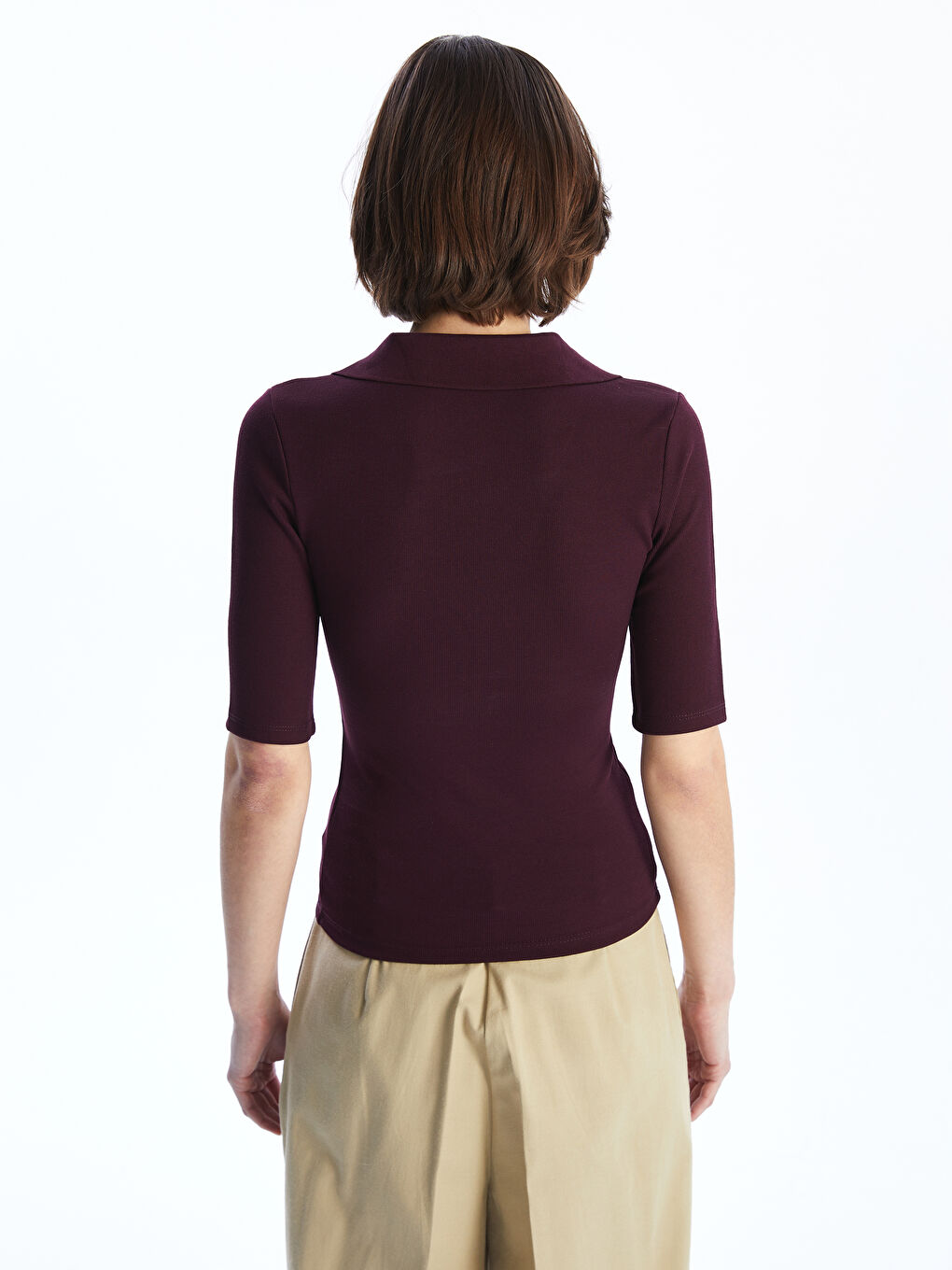 Bordo Polo Yaka Dokulu Kadın Body-3