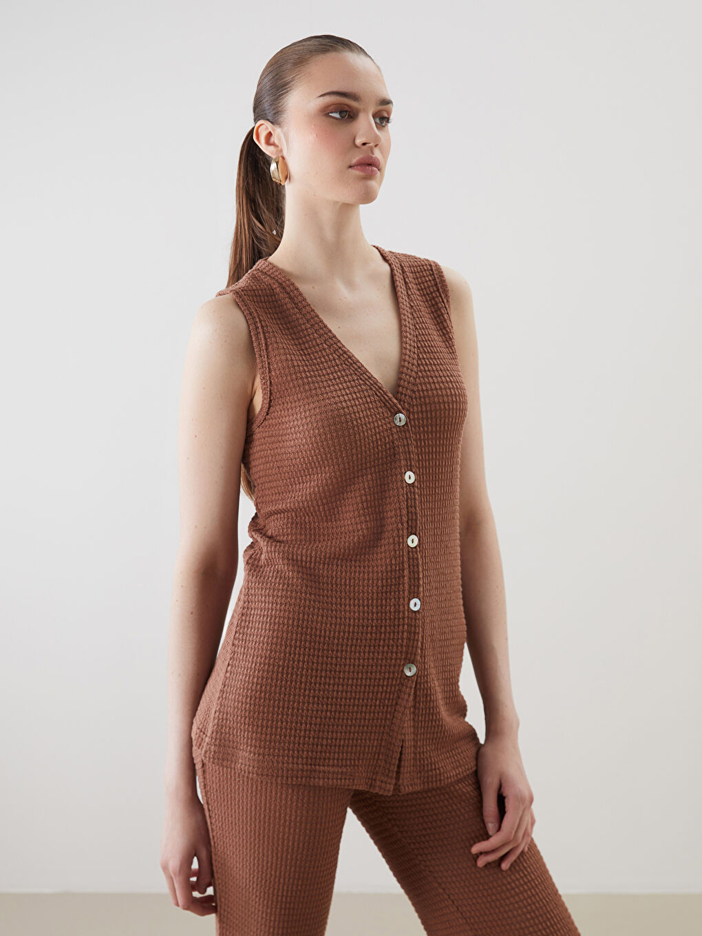 LCW Vision V Neck Textured Women's Waistcoat -S5MF03Z8-GE8
