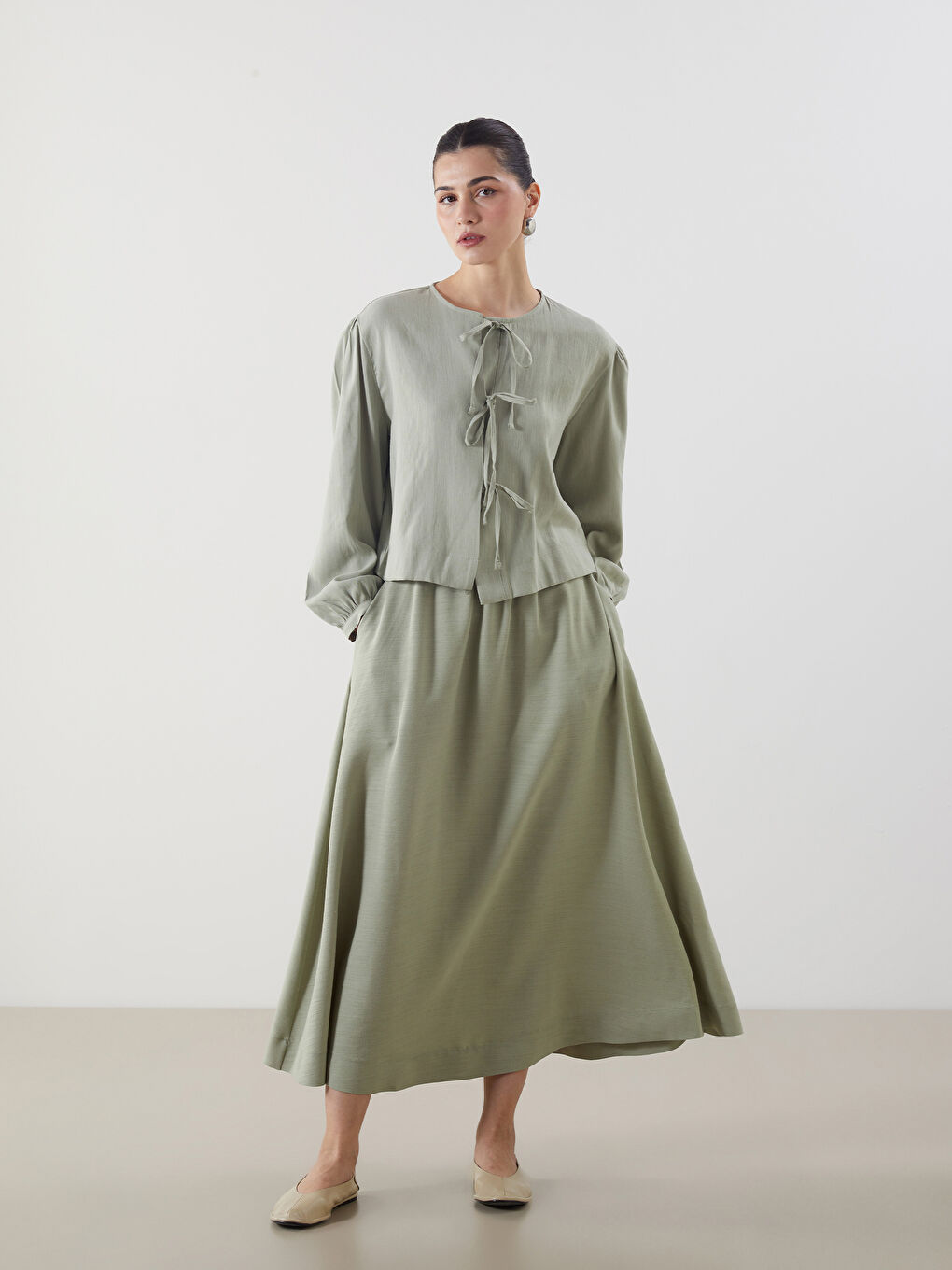 LCW Modest Yeşil Beli Lastikli Keten Karışımlı Etek - 1