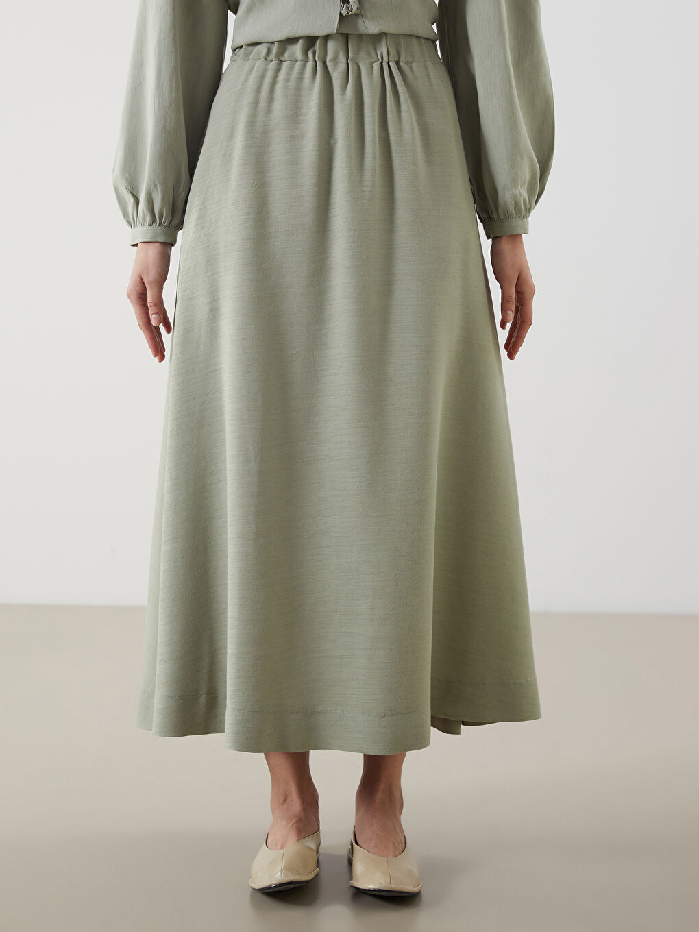 LCW Modest Yeşil Beli Lastikli Keten Karışımlı Etek - 2