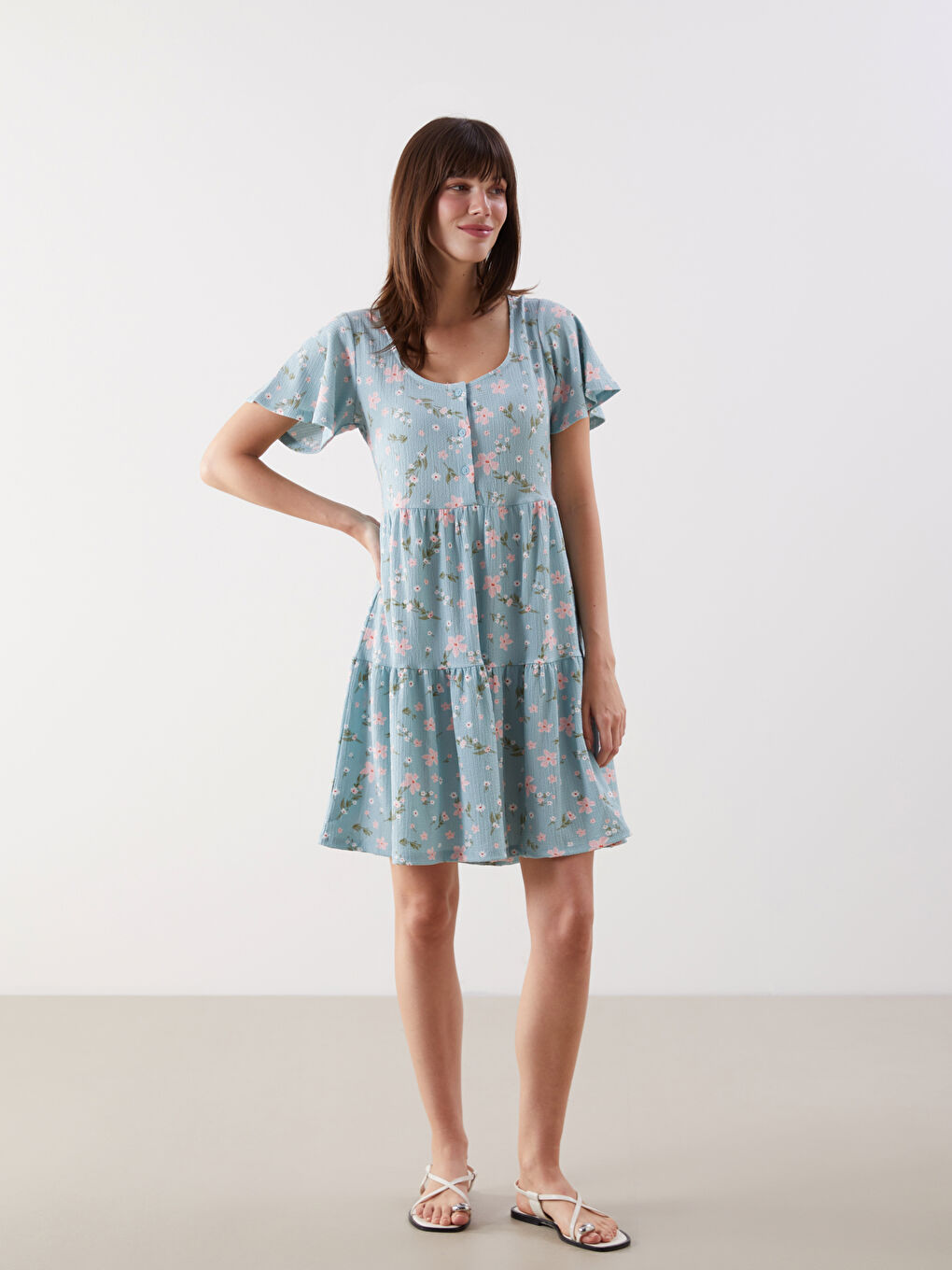 Mavi U Yaka Çiçekli Mini Elbise-1