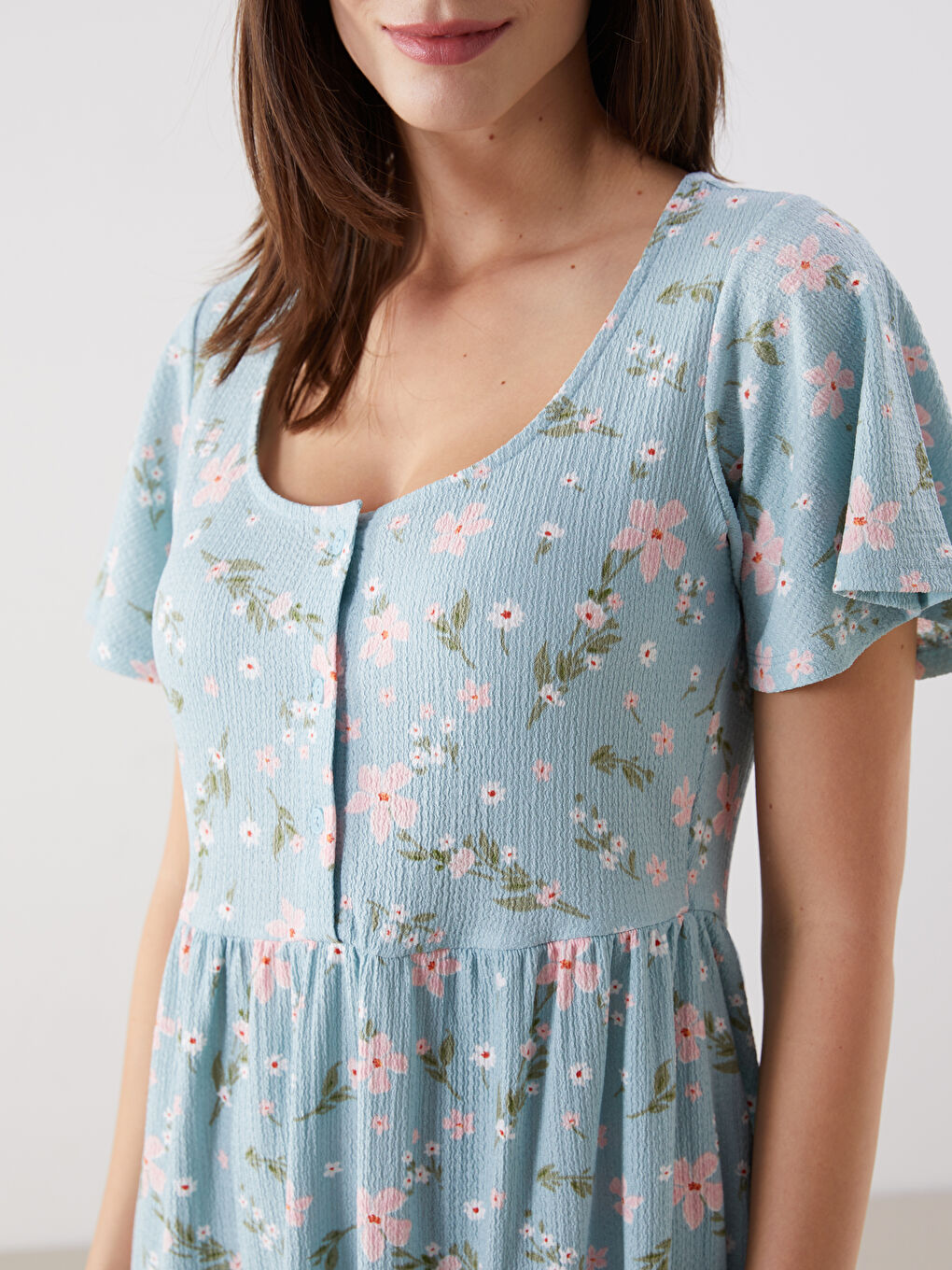 Mavi U Yaka Çiçekli Mini Elbise-2