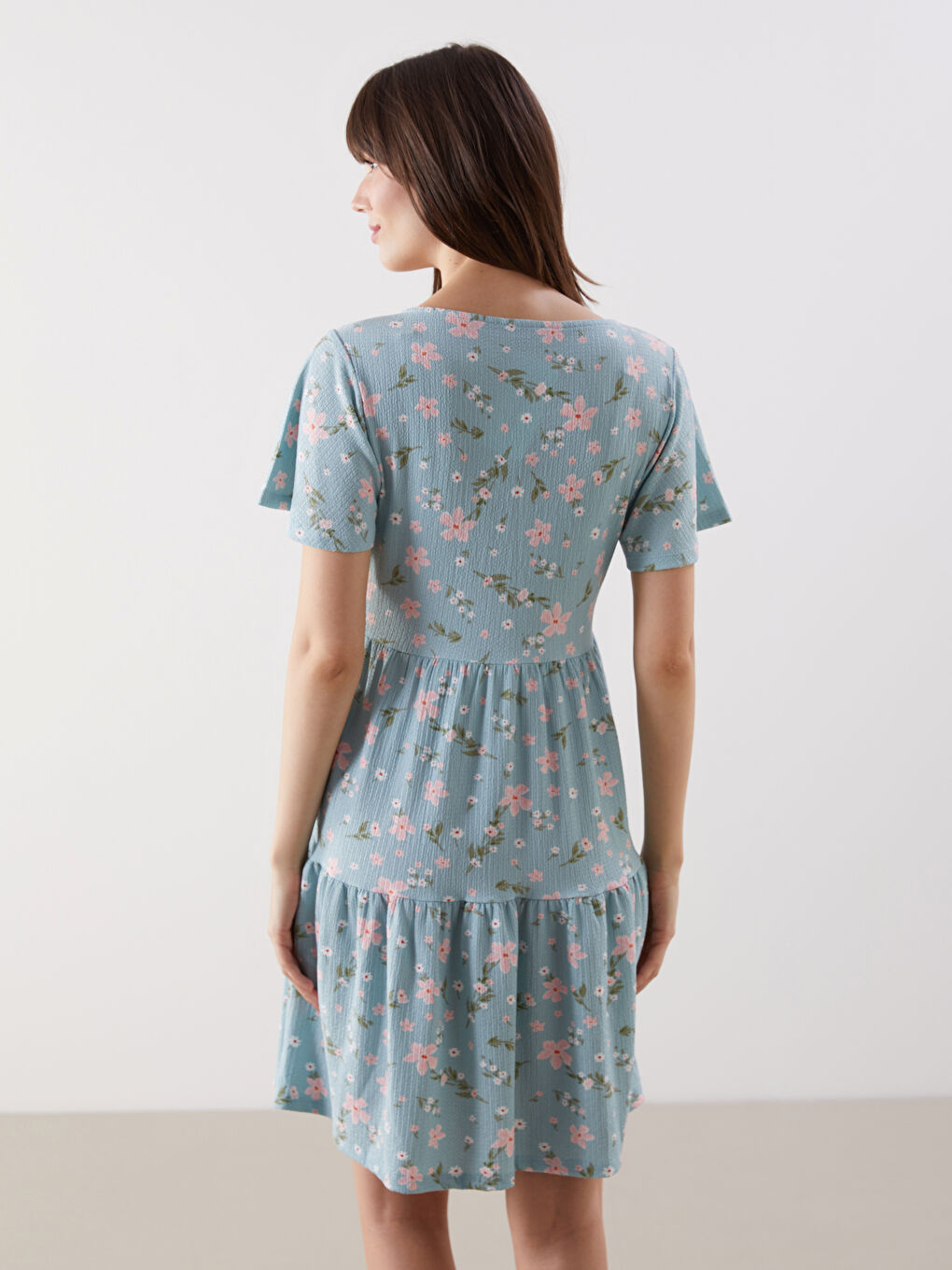 Mavi U Yaka Çiçekli Mini Elbise-3