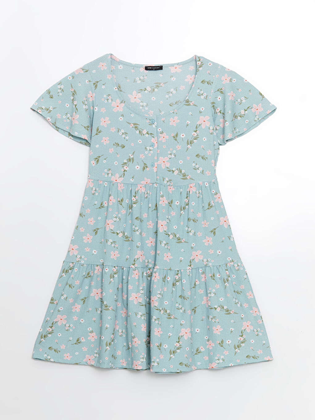 Mavi U Yaka Çiçekli Mini Elbise-4