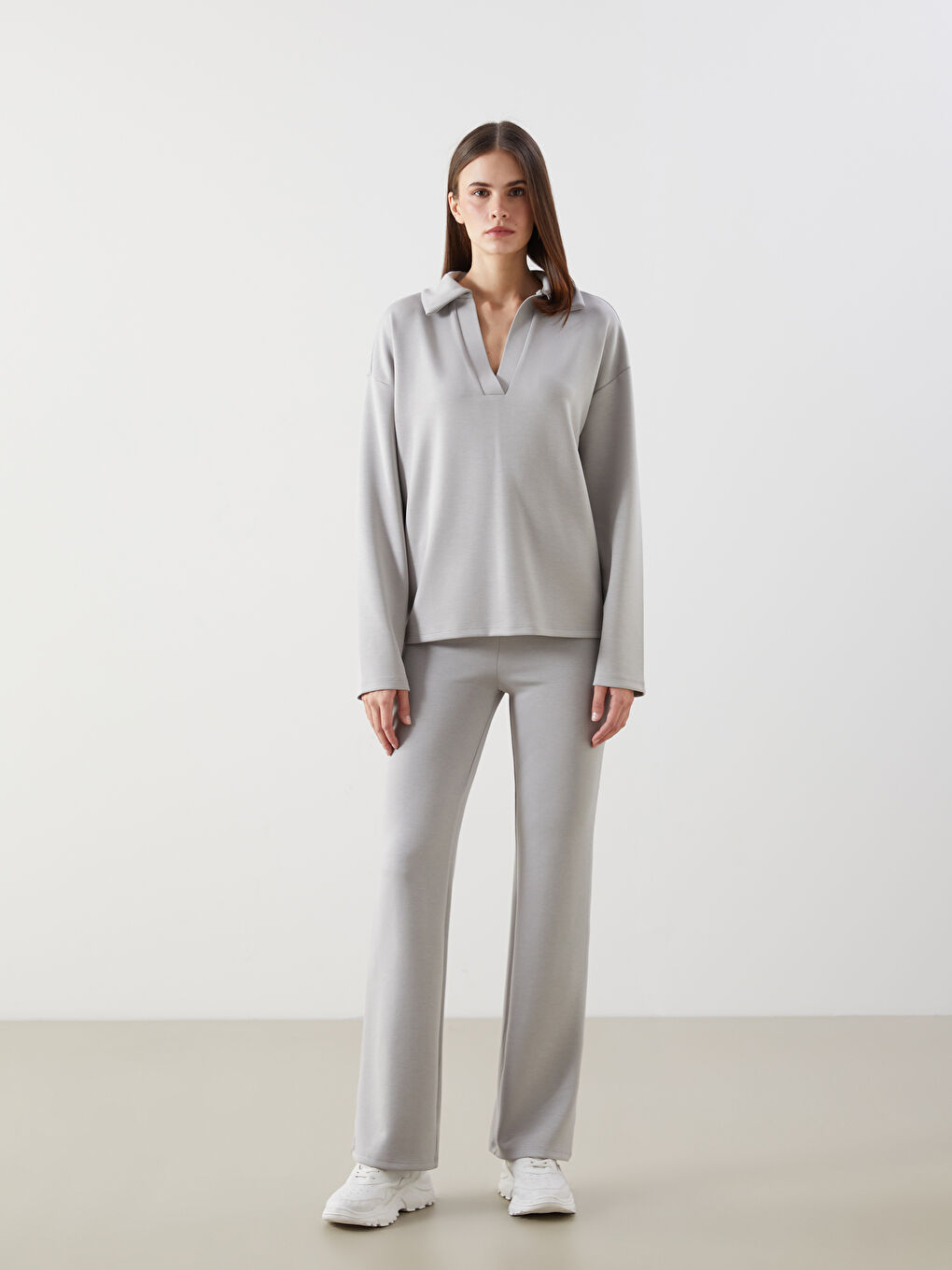 Gri Polo Yaka Kadın Sweatshirt-1