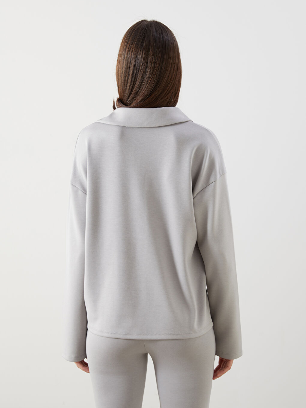 Gri Polo Yaka Kadın Sweatshirt-3