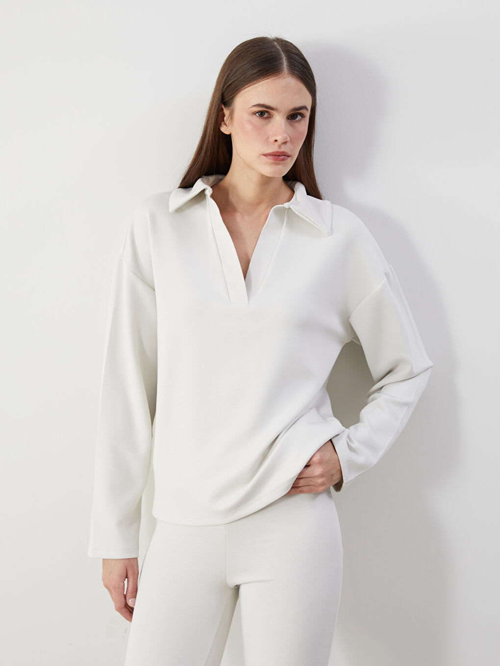 LCW Vision Bej Polo Yaka Kadın Sweatshirt