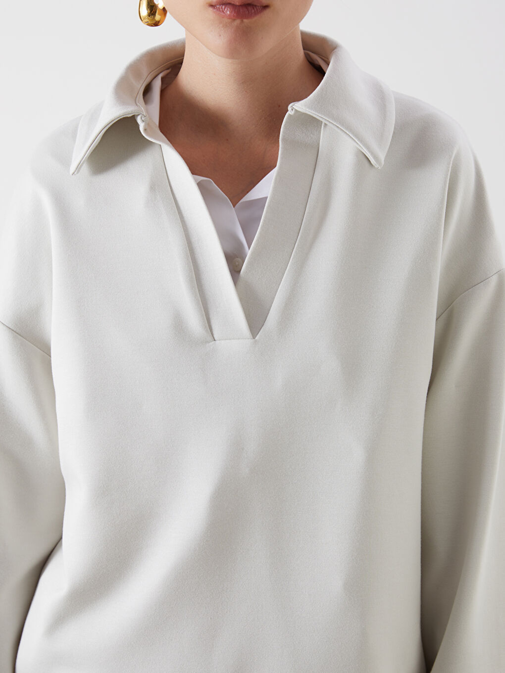 Bej Polo Yaka Kadın Sweatshirt-4